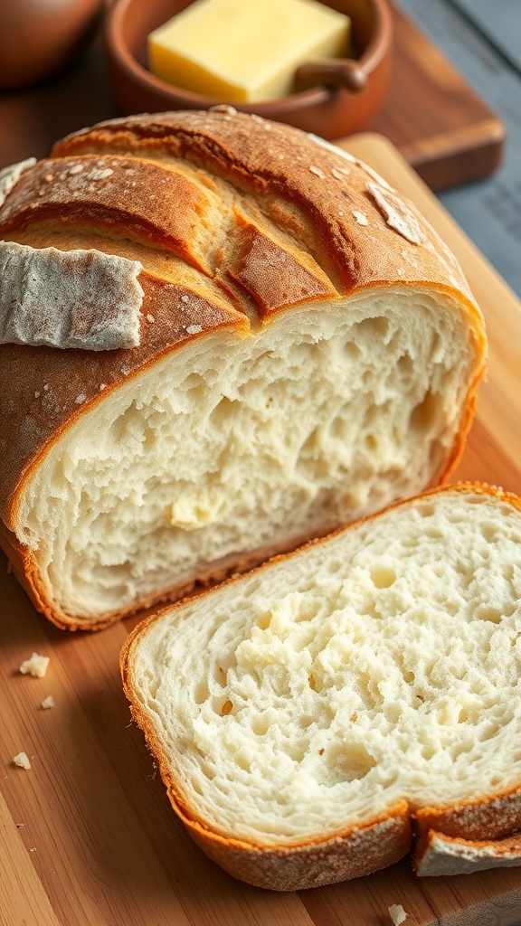 Freshly baked sourdough bread loaf sliced on a wooden board with butter.